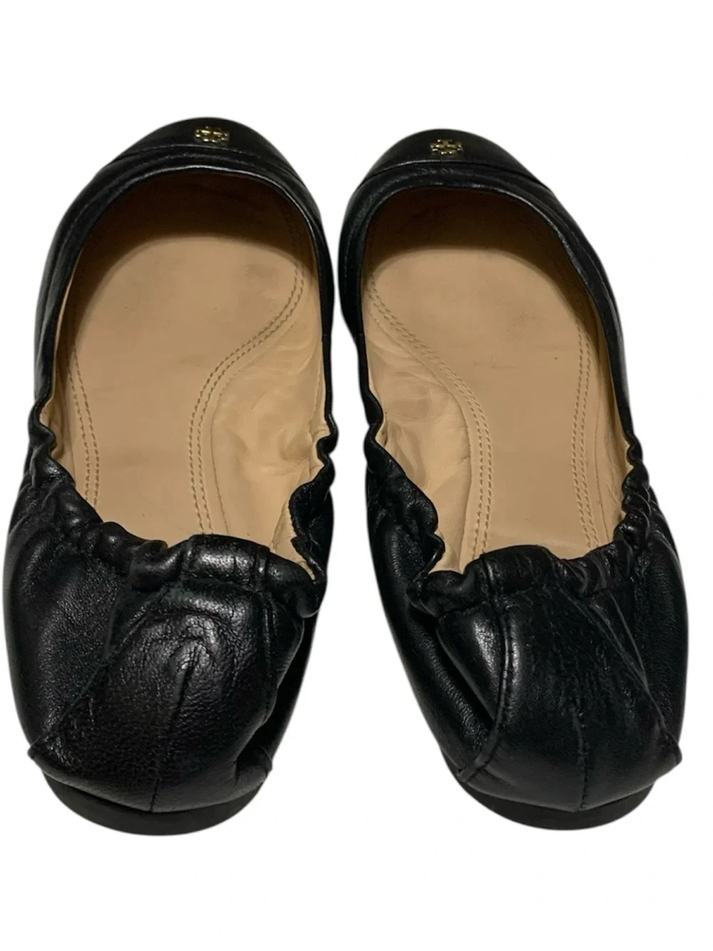 Tory Burch Black ‘York’ Leather Elastic-Back Ballet Flats with Gold Logo